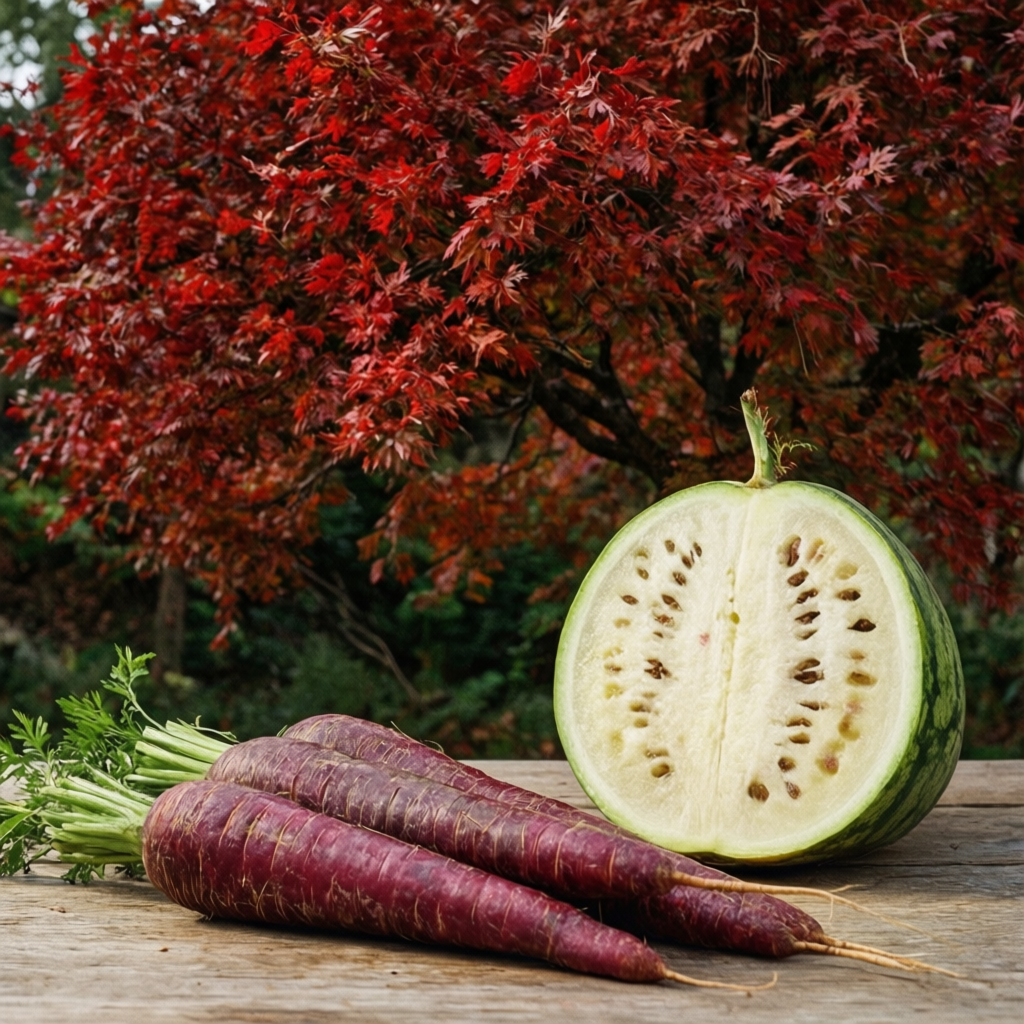 A purple carrot, a red tree with red leaves, and a white wat