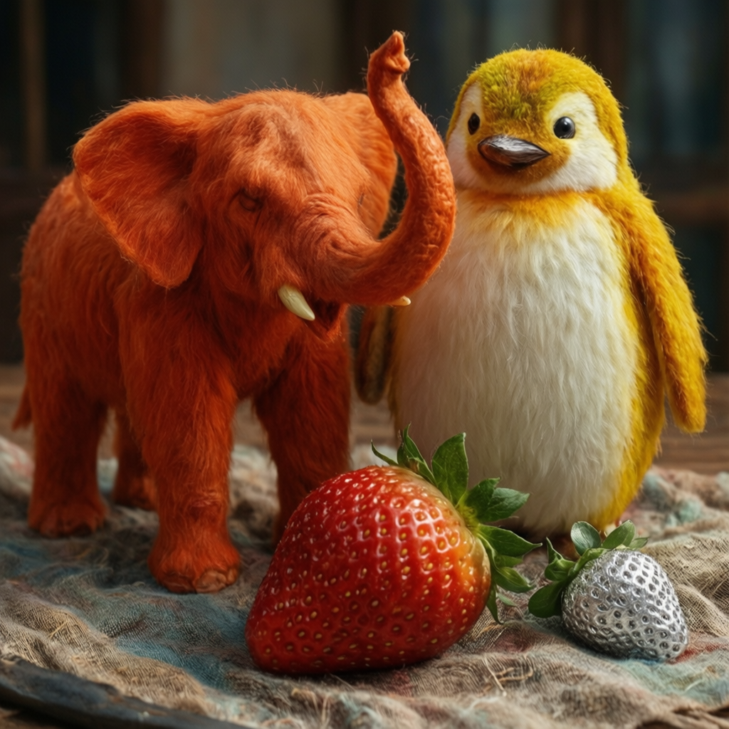 An orange elephant, a yellow penguin, and a silver strawberr
