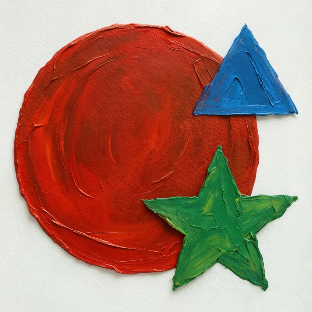 A large red circle, a small blue triangle, and a medium gree