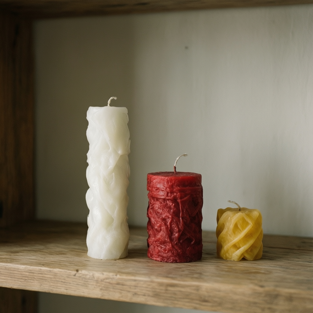 A tall thin white candle, a short fat red candle, and a medi