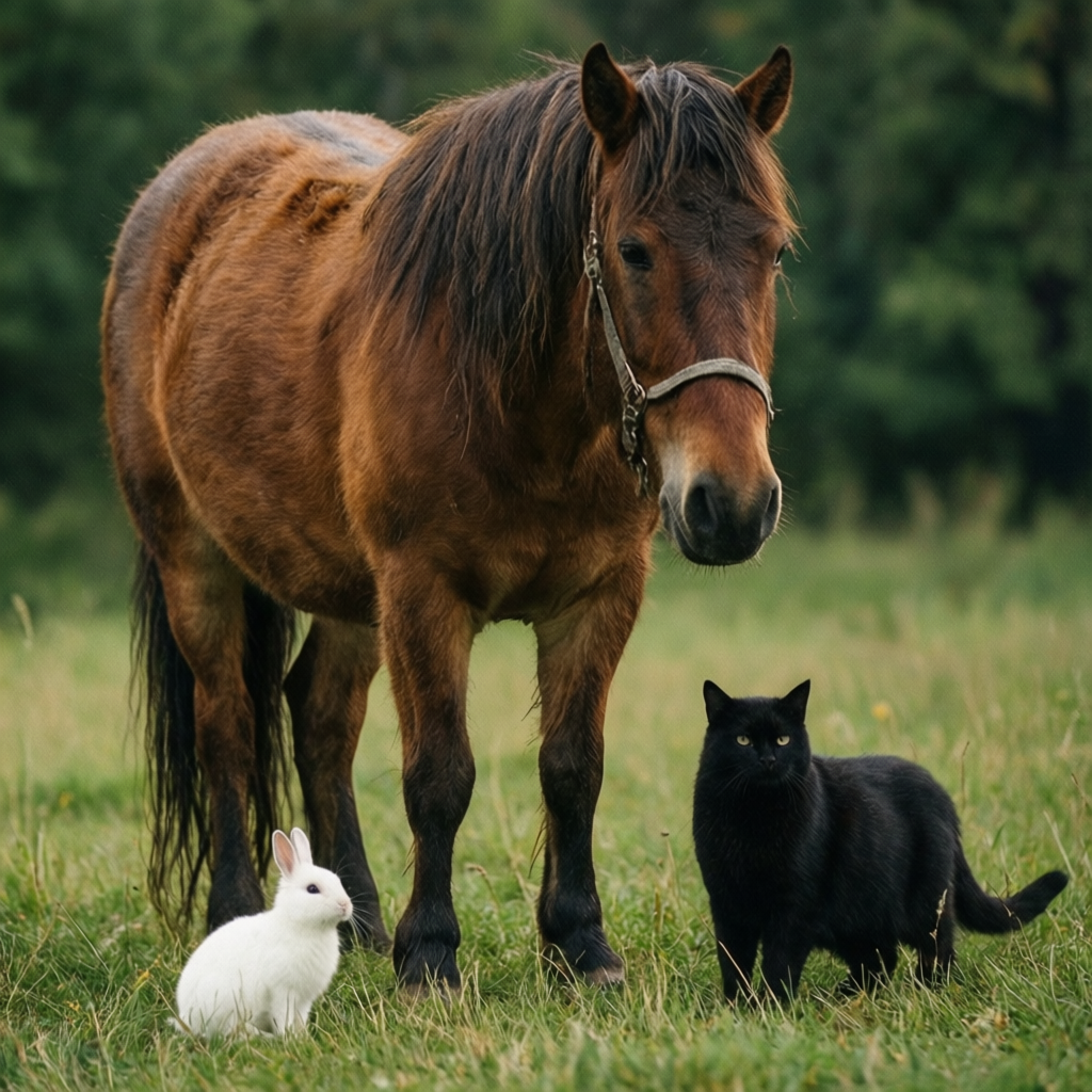 A big brown horse, a small white rabbit, and a medium-sized 