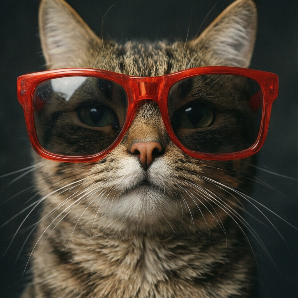 A tabby cat wearing oversized red sunglasses