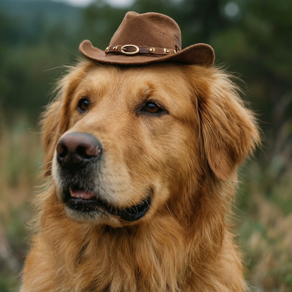 A golden retriever wearing a tiny cowboy hat