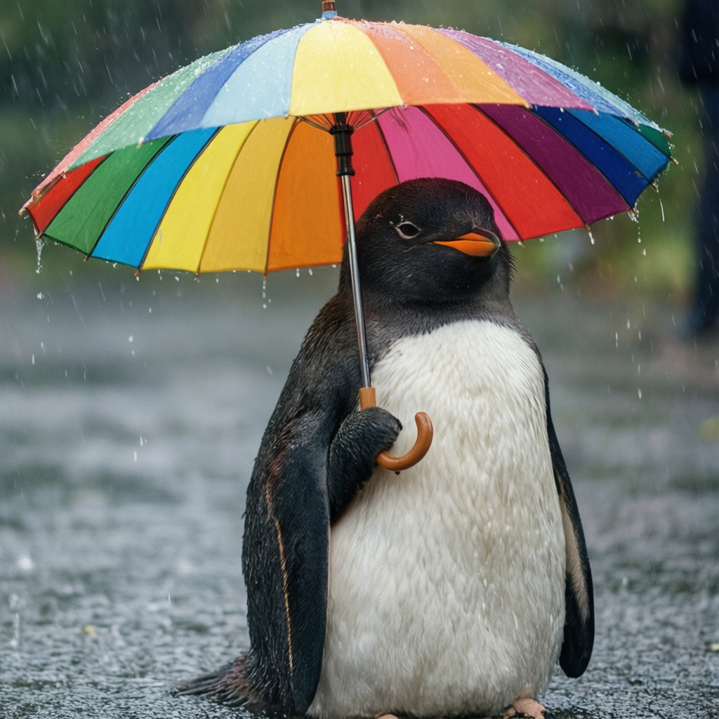 A penguin holding a colorful umbrella