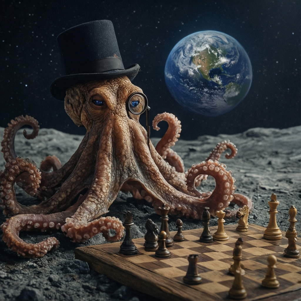 An octopus wearing a top hat and monocle playing chess on th