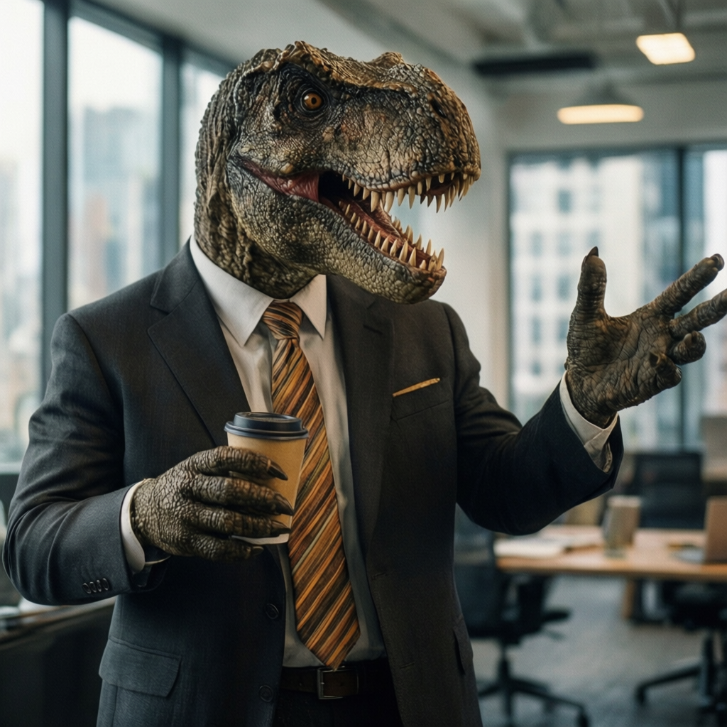A dinosaur in a business suit giving a PowerPoint presentati