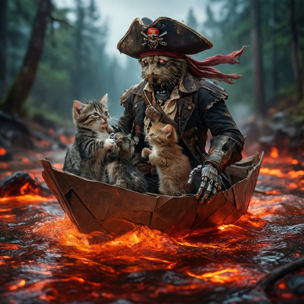 A robot dressed as a pirate sailing a paper boat on a lake o