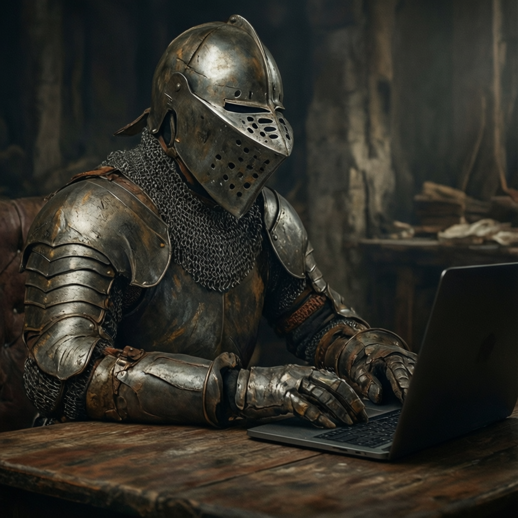A medieval knight in full armor sitting at a desk typing on 