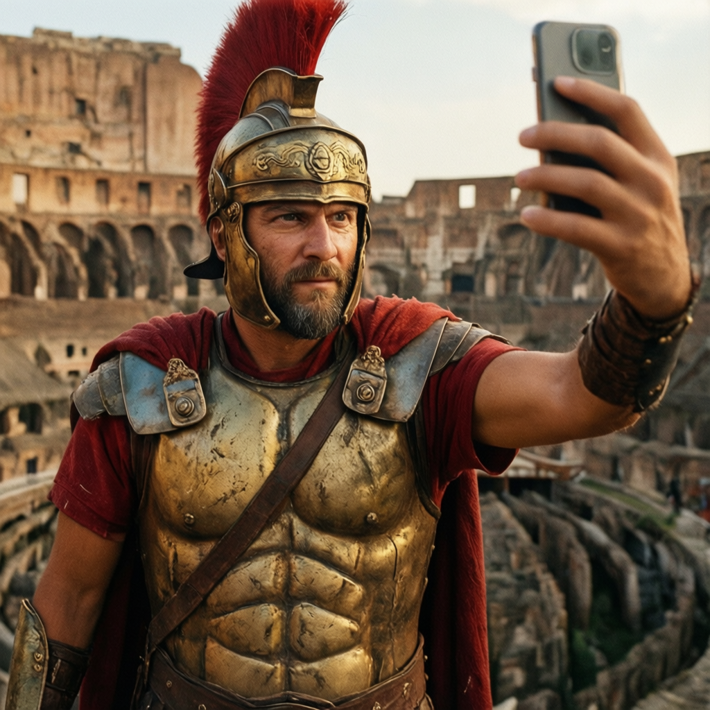 A Roman gladiator taking a selfie with a smartphone in the C