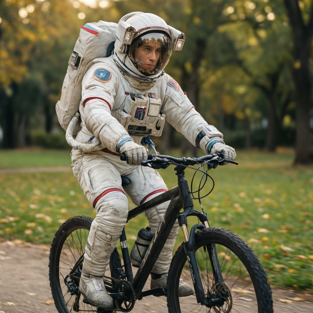 An astronaut in a spacesuit riding a bicycle through a park