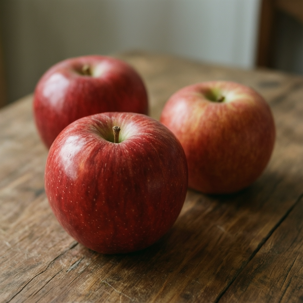 Exactly 3 red apples arranged on a wooden table