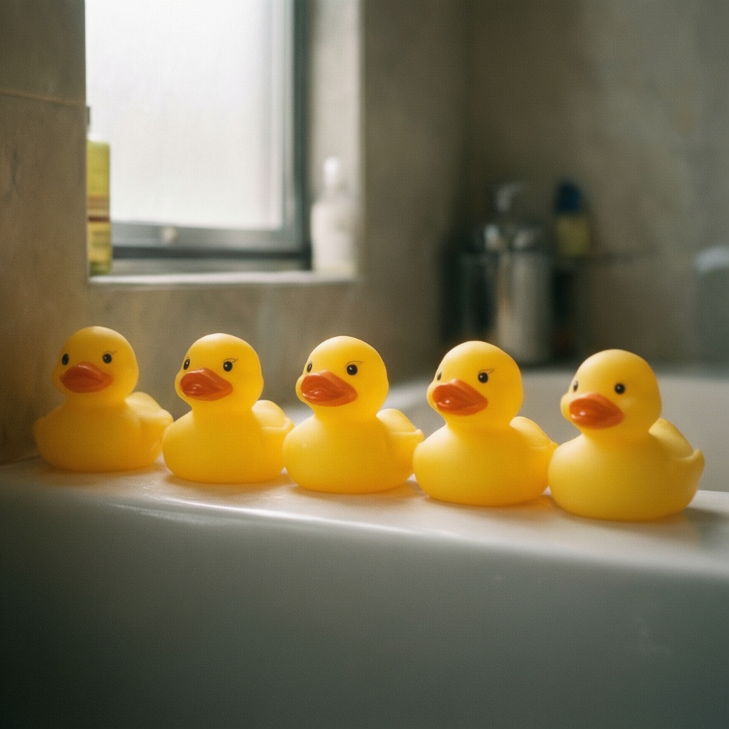 Exactly 5 yellow rubber ducks sitting in a row on a bathroom