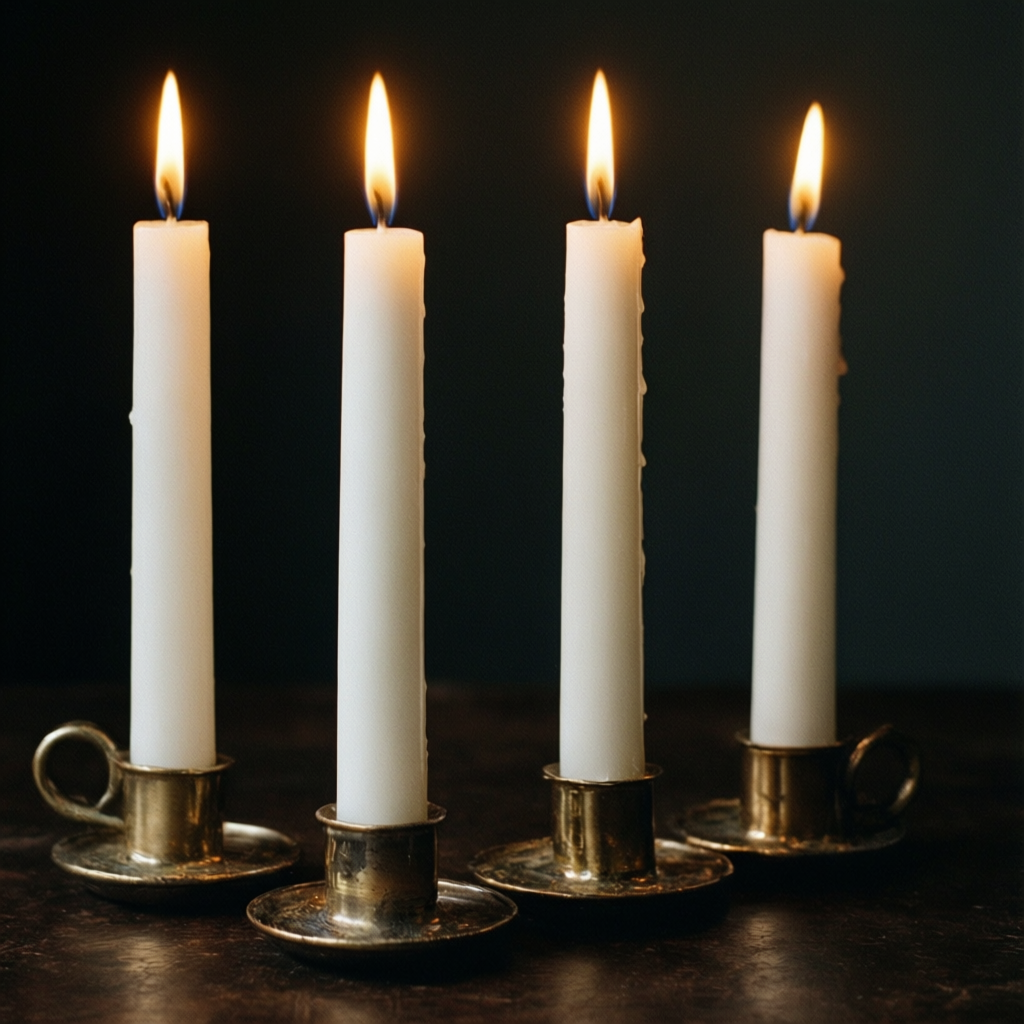 Exactly 4 white candles standing on a dark surface