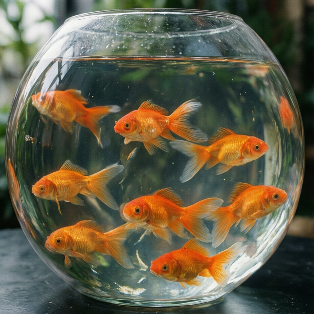 Exactly 9 goldfish swimming in a large round fishbowl