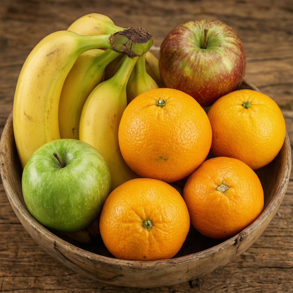 A fruit bowl containing exactly 3 bananas, 4 oranges, and 2 