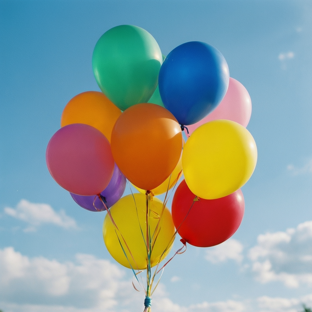Exactly 11 colorful balloons floating against a clear blue s