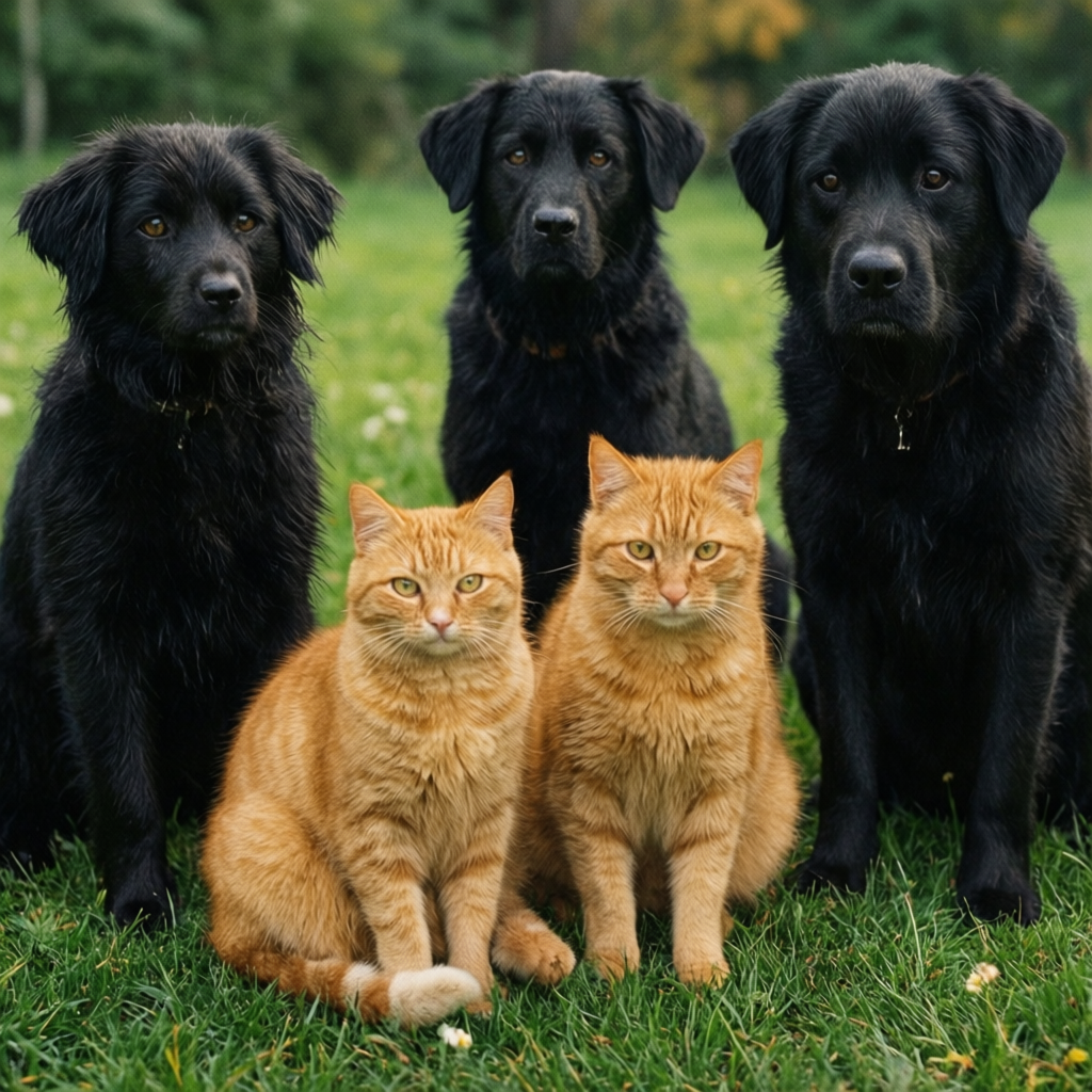 2 orange cats and 3 black dogs sitting together on a grassy 