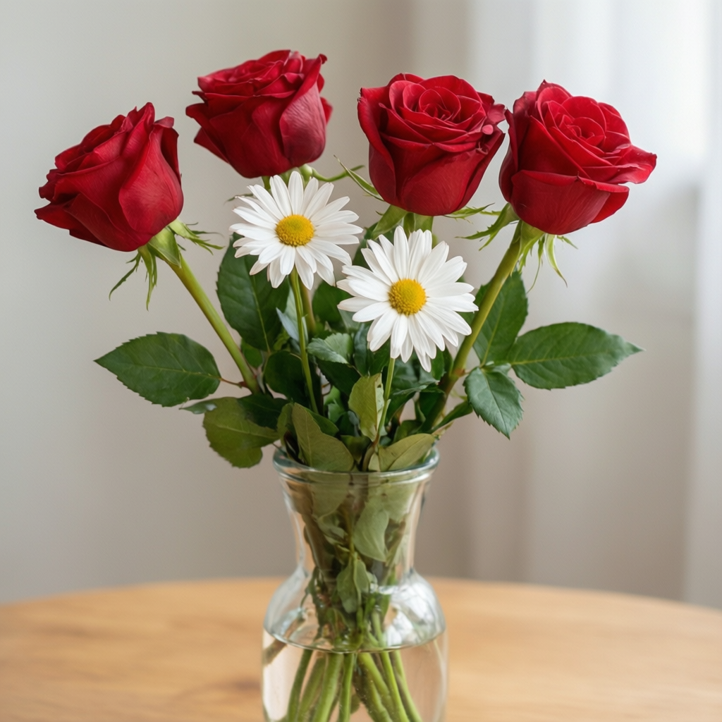 4 red roses and 2 white daisies in a glass vase on a table