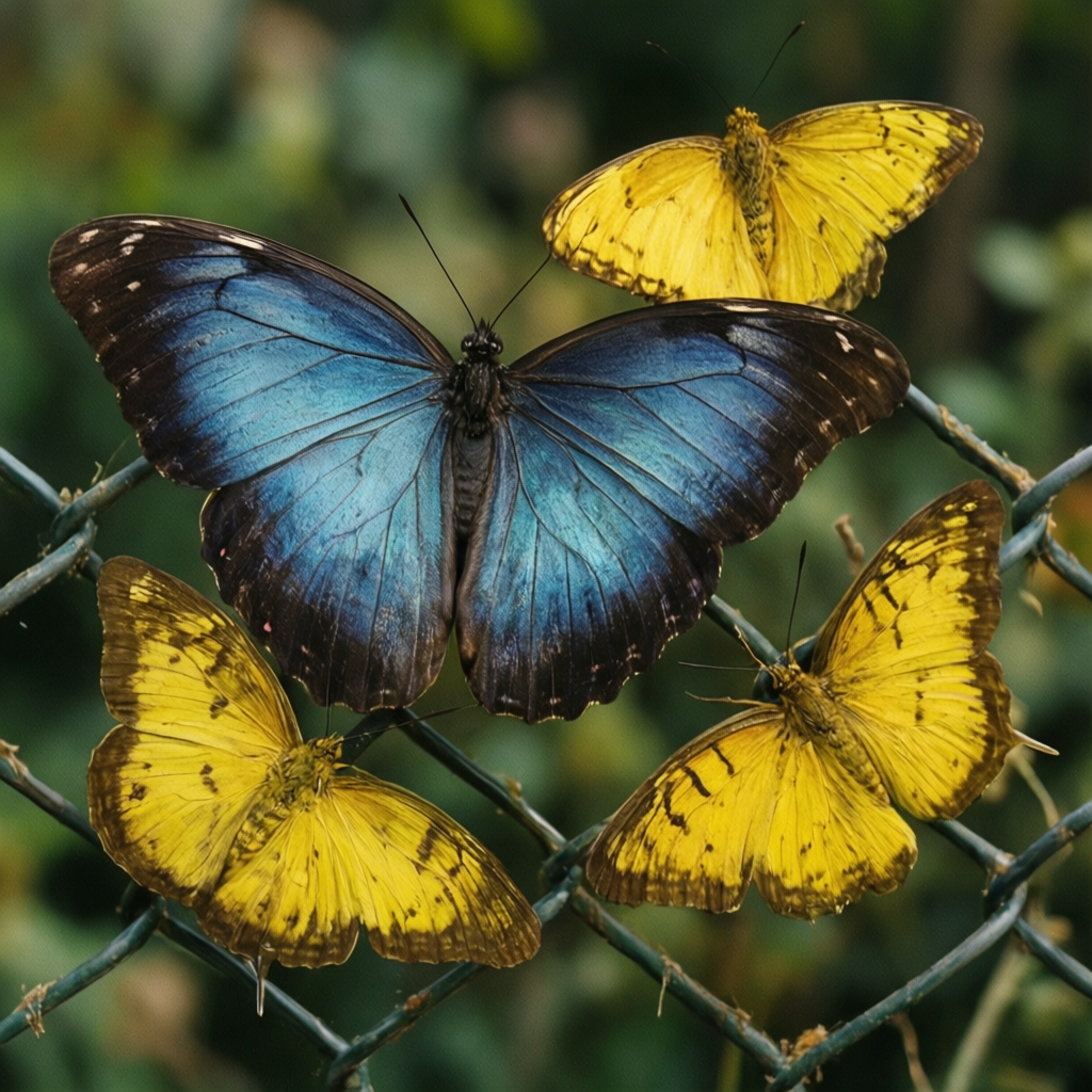 1 blue butterfly and 3 yellow butterflies resting on a garde