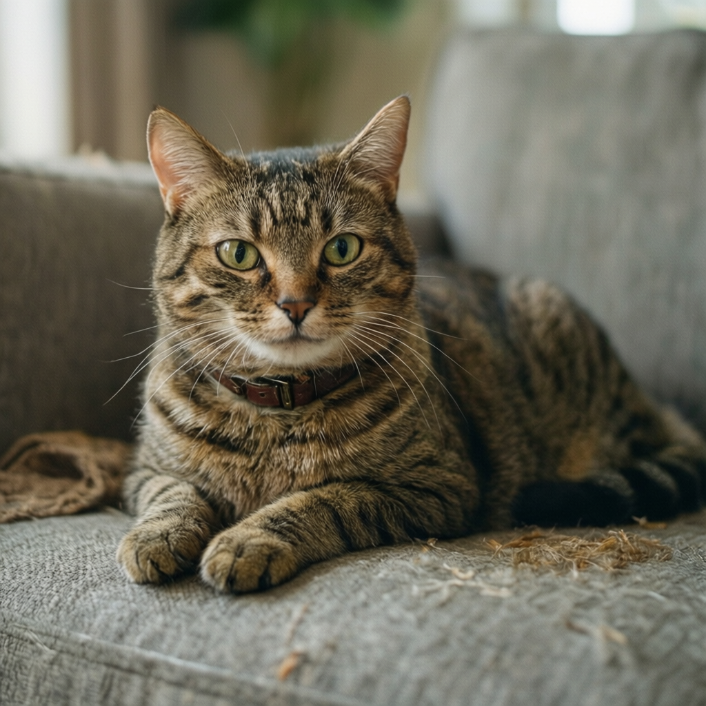 A cat lying on a couch without a collar