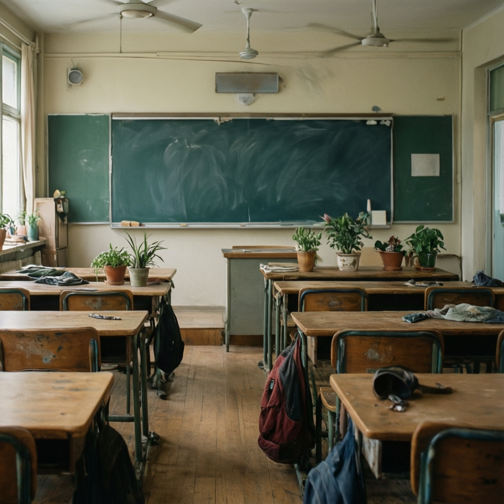 A classroom with desks and a chalkboard but no students