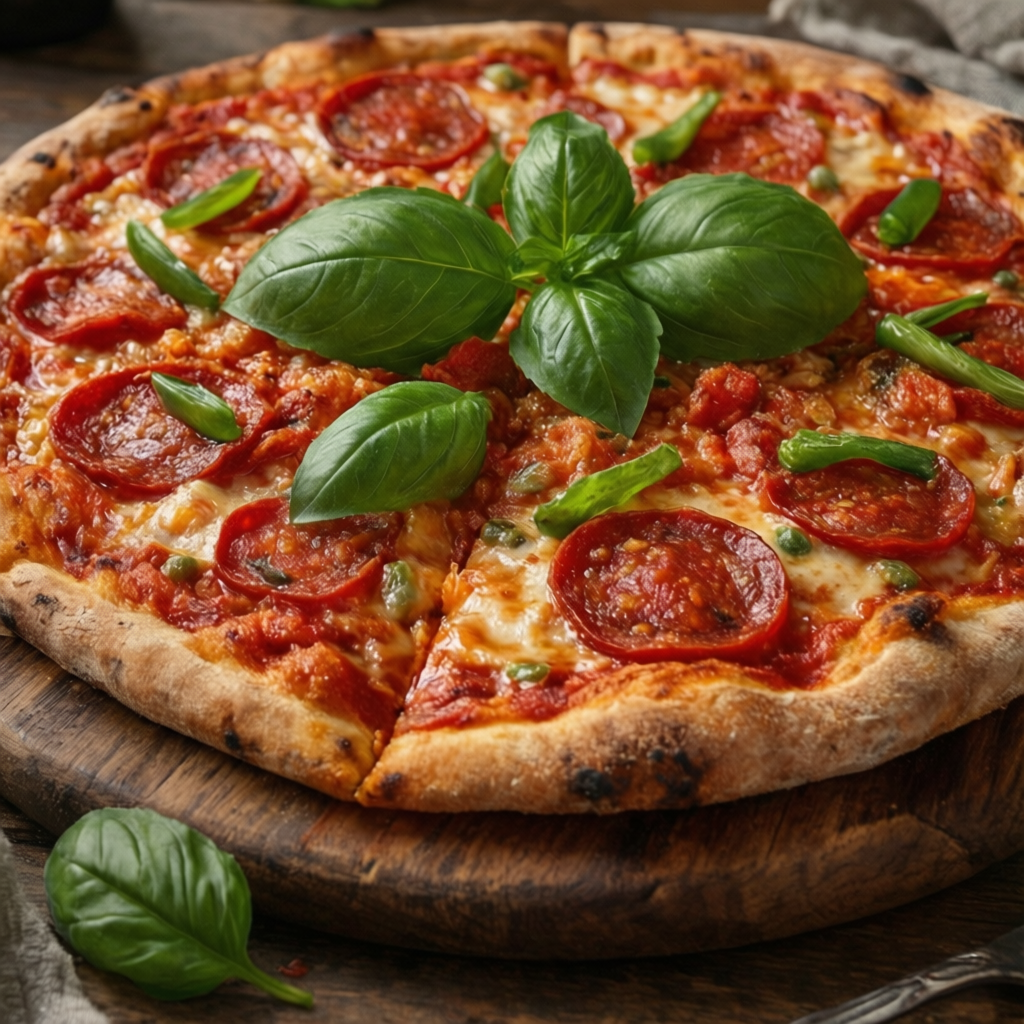 A pepperoni pizza with tomato sauce, basil, and crust but ab
