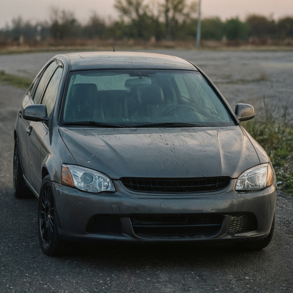 A car body with windows, doors, and headlights but no wheels