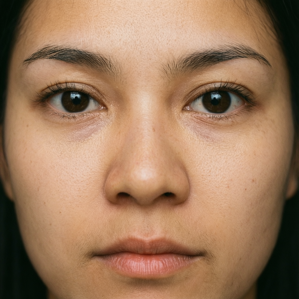 A human face with eyes, nose, and mouth but no eyebrows