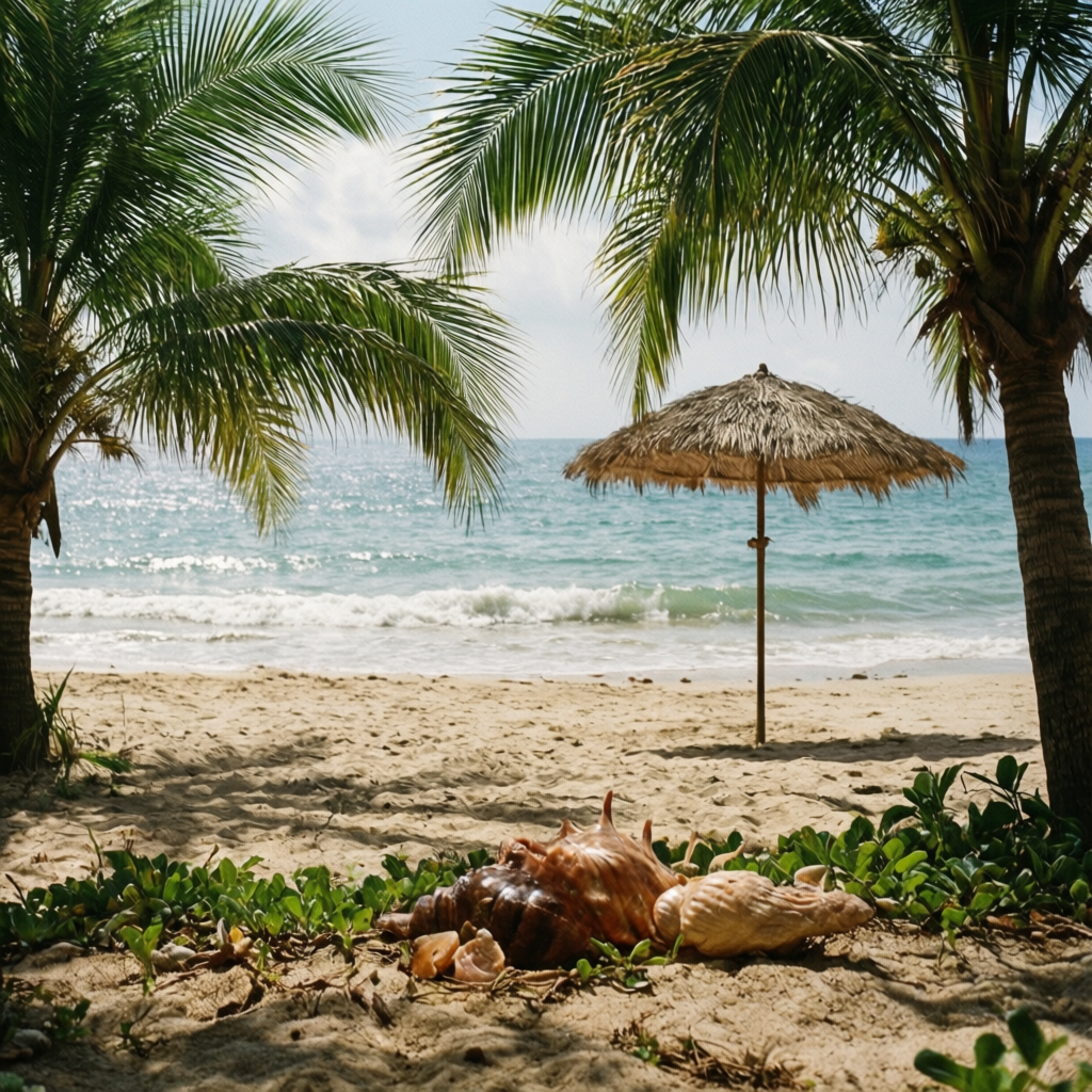 A sandy beach with palm trees, seashells, and a beach umbrel