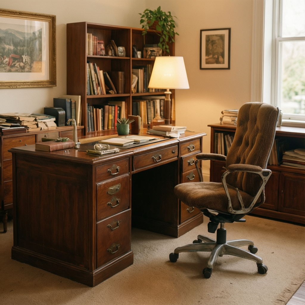 An office workspace with a desk, chair, bookshelf, and lamp 