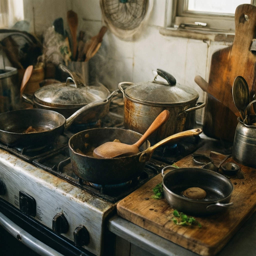 A kitchen with pots, pans, a stove, and a cutting board but 