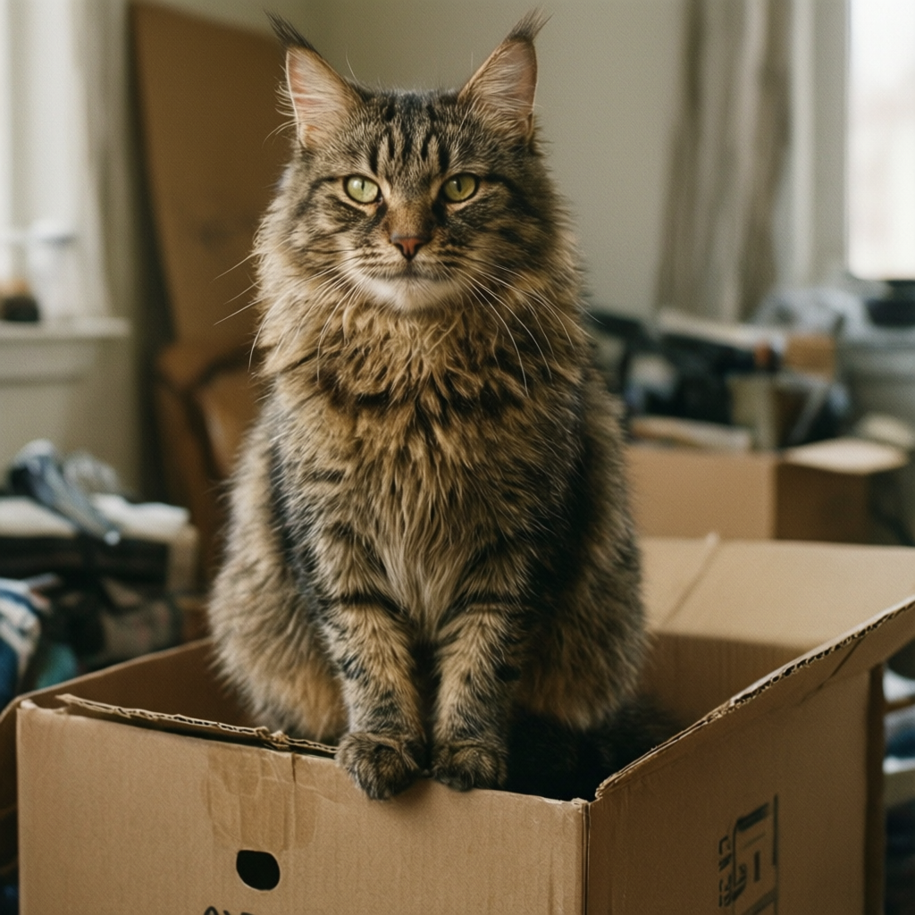 A cat sitting on top of a cardboard box