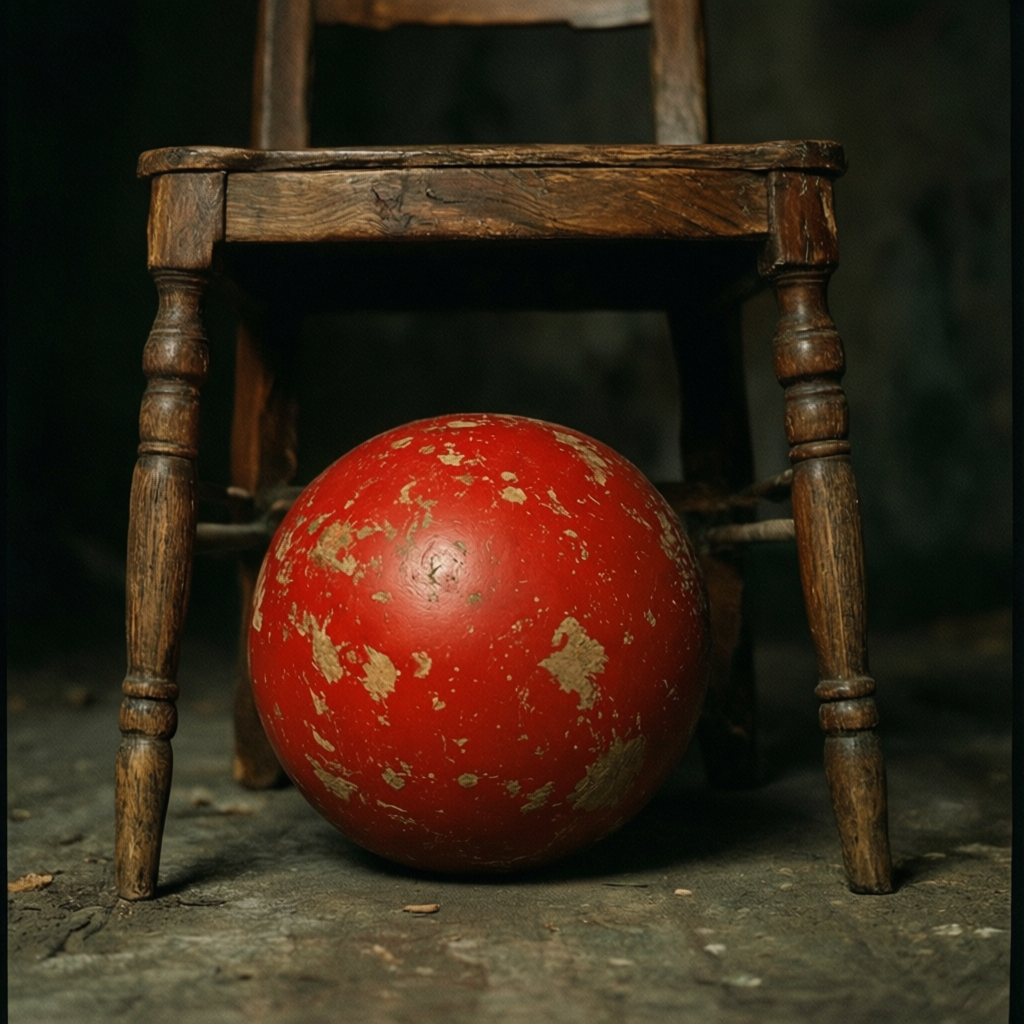 A red ball underneath a wooden chair