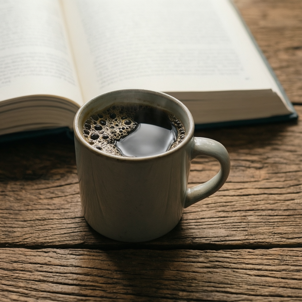 A coffee mug next to an open book on a desk