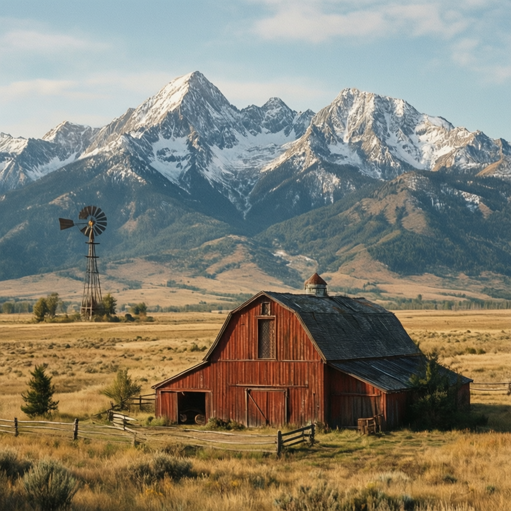 A landscape with a red barn in the foreground at large scale