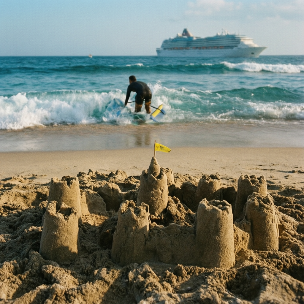 A beach scene with a sandcastle in the foreground, a surfer 
