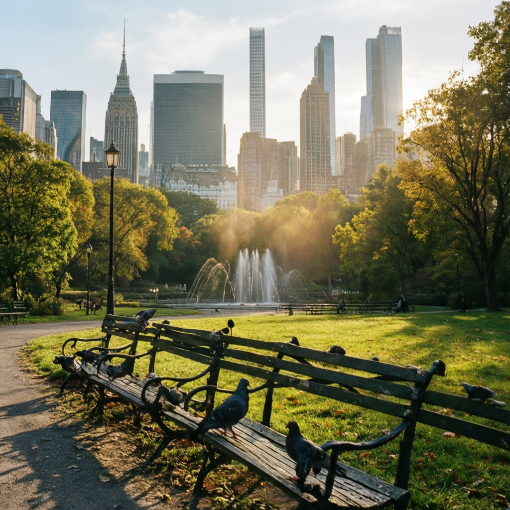 A city park with a park bench and pigeons in the foreground,