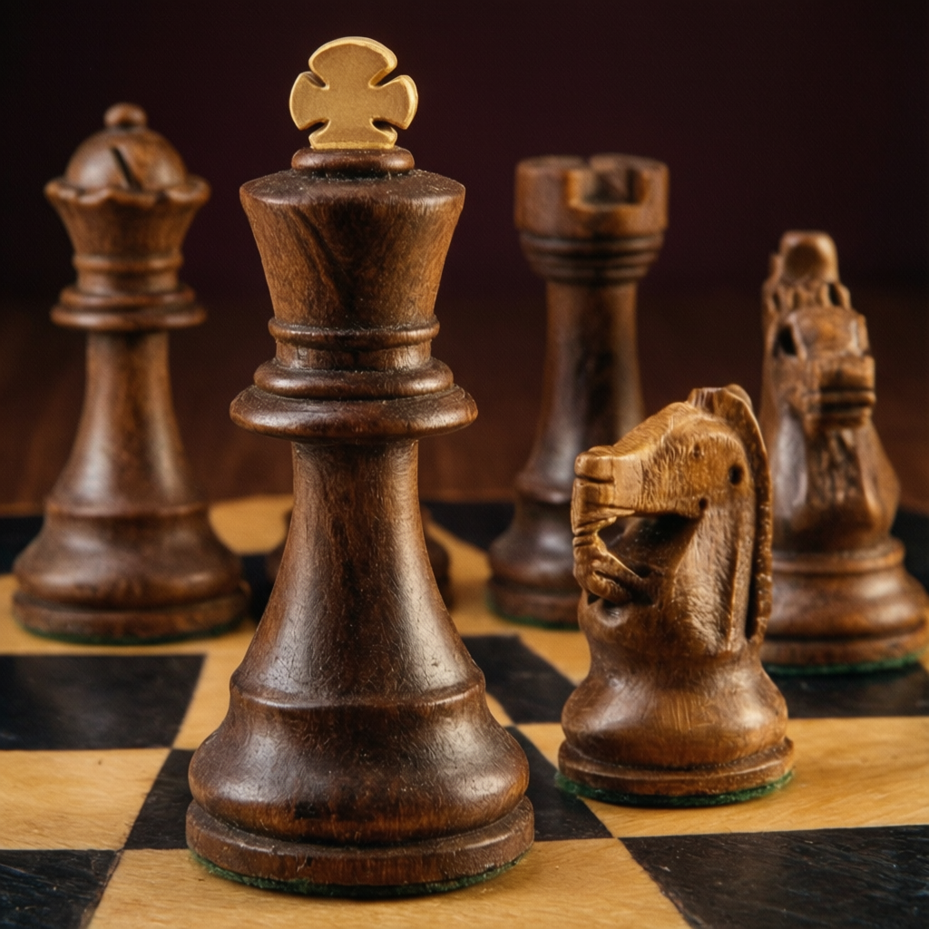 Five chess pieces on a board: a king in the center, a queen 
