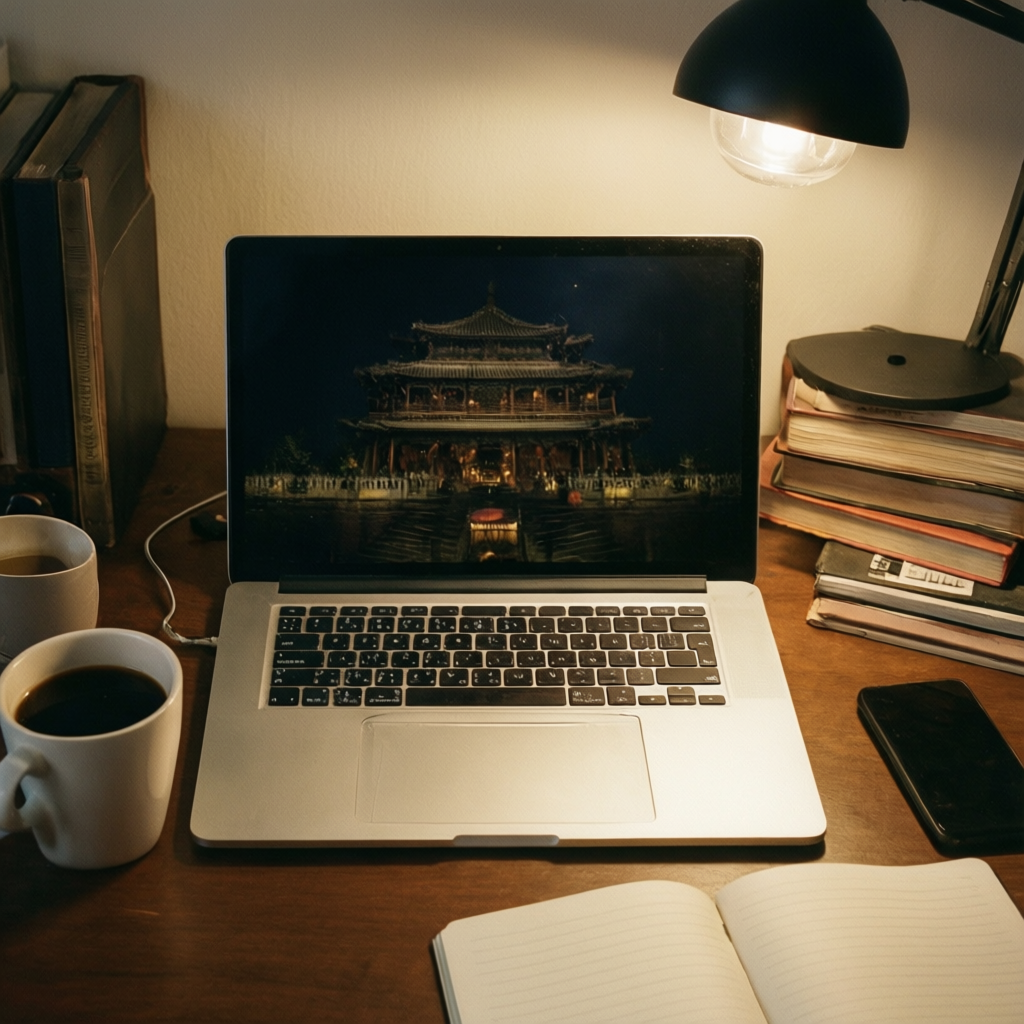 A desk scene: laptop in the center, coffee mug to the left, 
