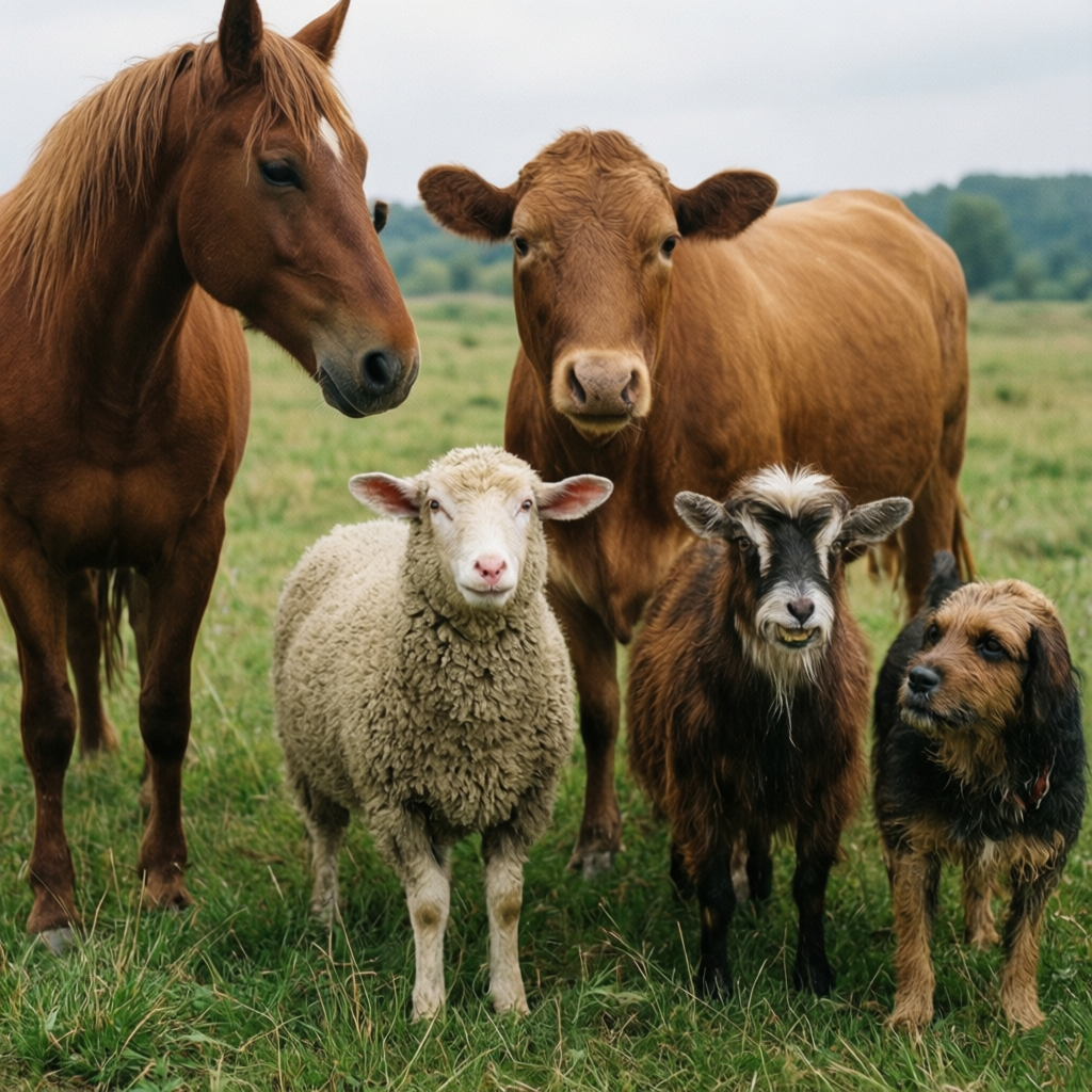 Five animals in a field: a horse on the far left, a cow to t