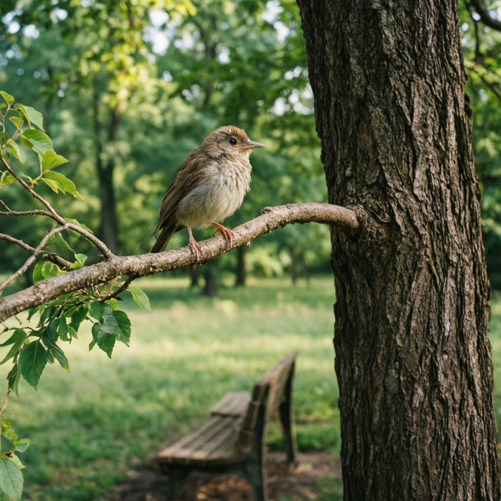 A bird perched on a branch, the branch extending from a tree