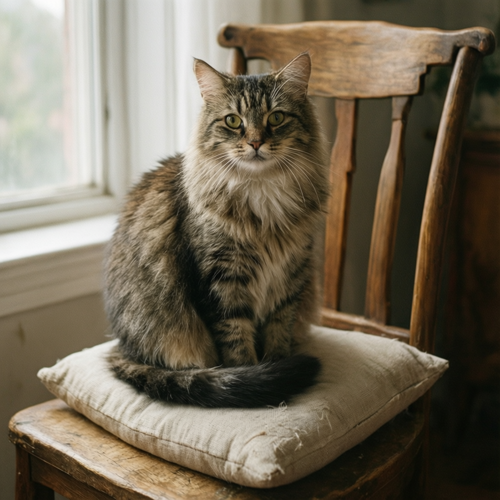 A cat sitting on a pillow, the pillow placed on a wooden cha
