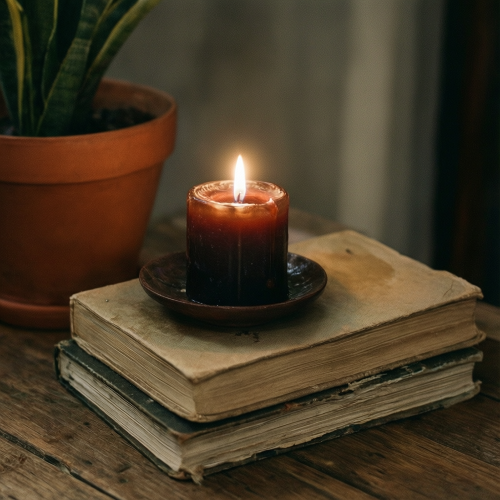 A candle on top of a stack of books, the books next to a pot