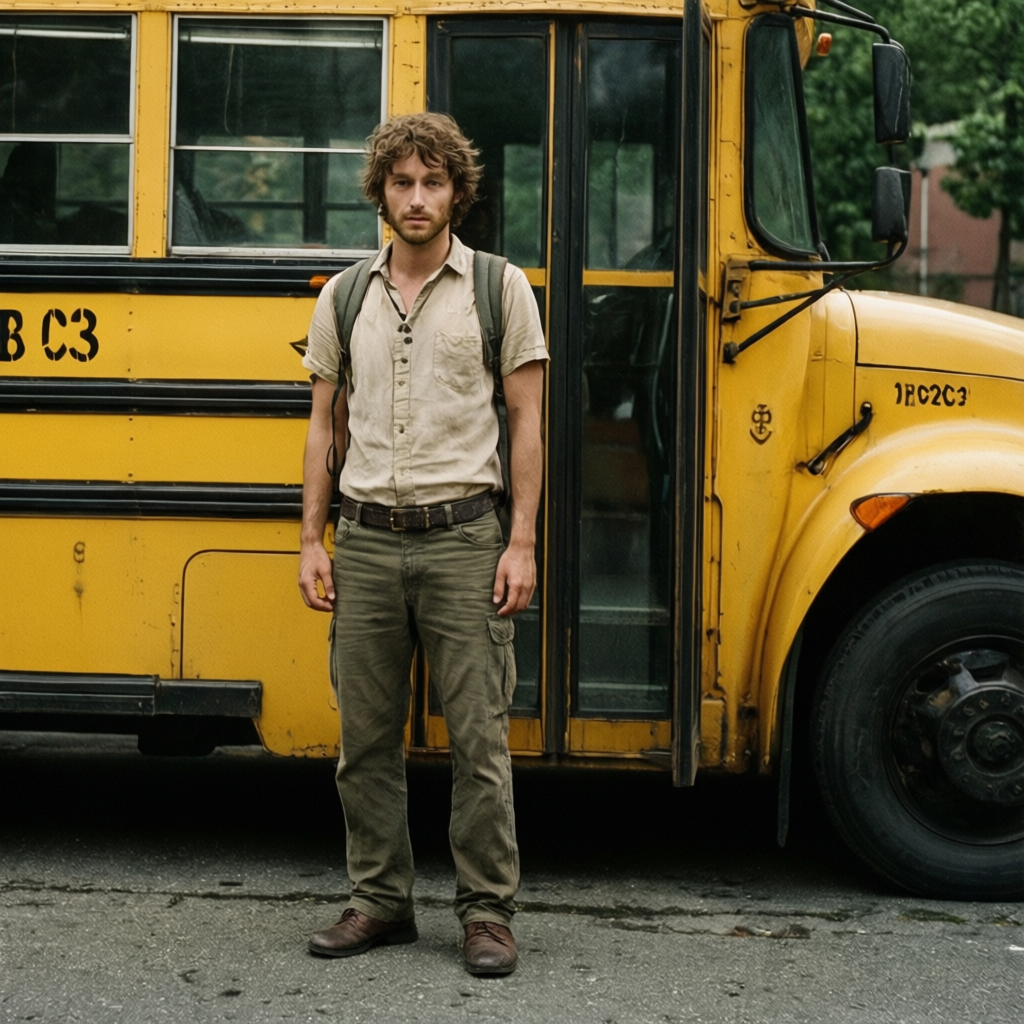 A person standing next to a yellow school bus, showing reali