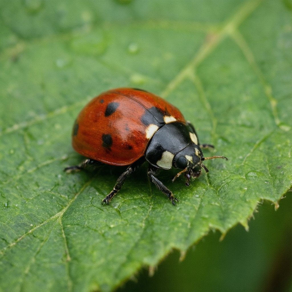 A ladybug sitting on a large green leaf, shown at realistic 