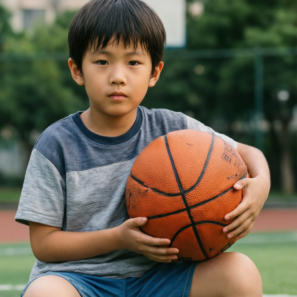 A child holding a basketball, both at correct relative sizes