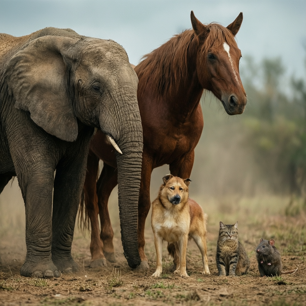 A group photo of an elephant, a horse, a dog, a cat, and a m