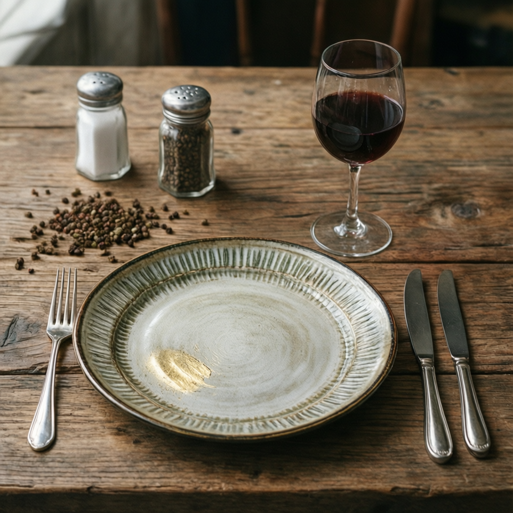 A dinner table scene with a plate, fork, knife, wine glass, 