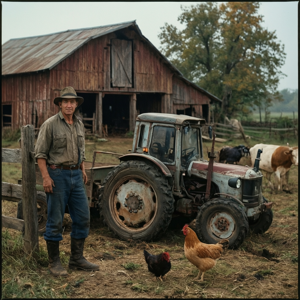A farm scene with a barn, tractor, farmer, cow, chicken, and