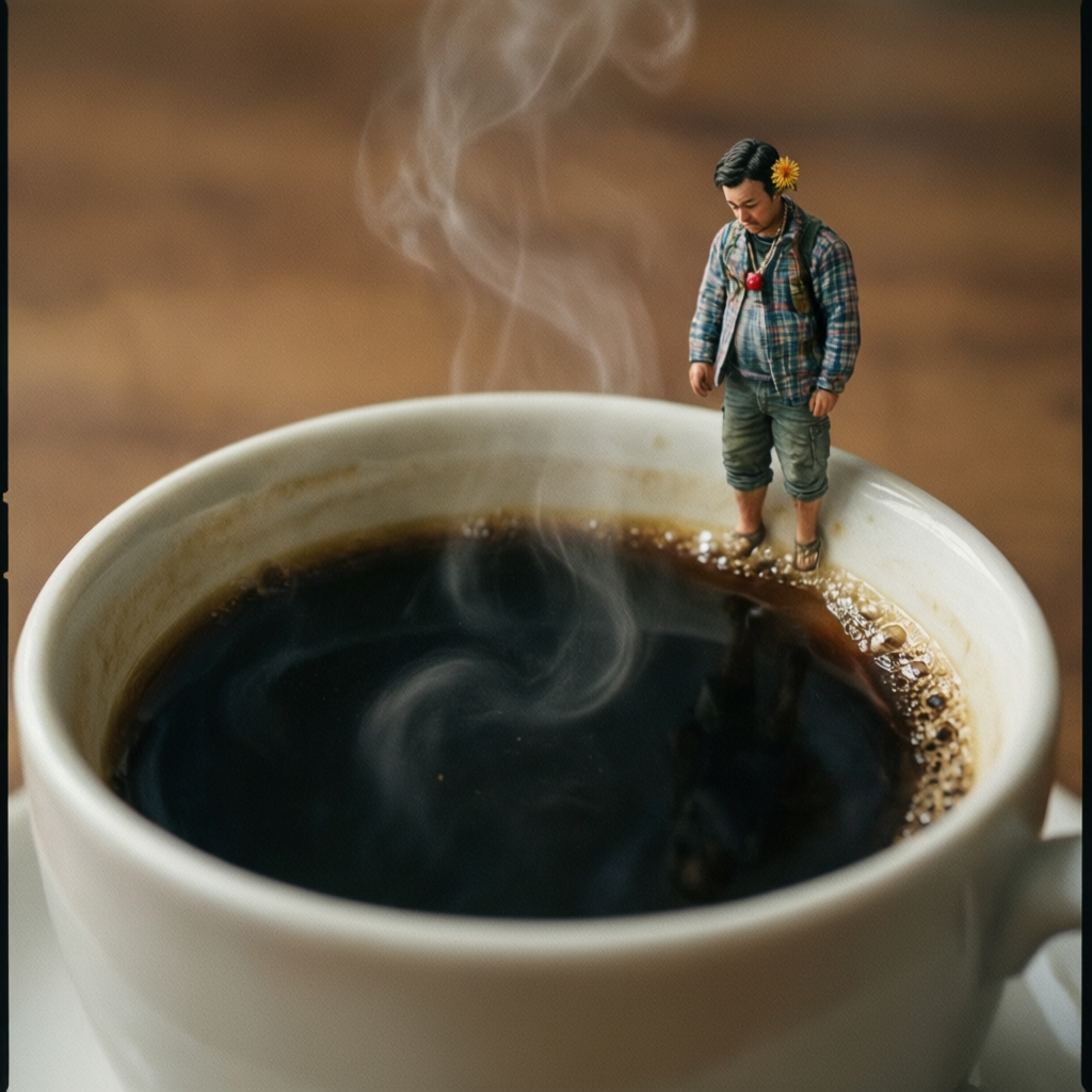 A tiny person standing on the rim of a coffee cup, looking d